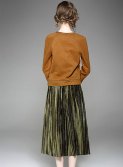 Casual Letter Embroidered Sweatshirt & Velvet Pleated Skirt