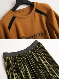 Casual Letter Embroidered Sweatshirt & Velvet Pleated Skirt
