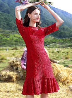 Red Half Sleeve Lace-paneled Hollow Out Dress