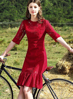 Red Half Sleeve Lace-paneled Hollow Out Dress