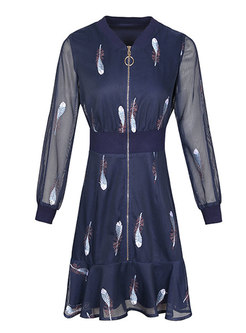Deep Blue V-neck Embroidered Zipper-front Dress