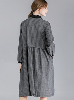 Grey Turn-down Collar Plus Size Striped Dress