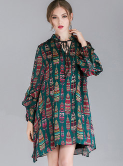 Green Fashion Tie-neck Bowknot All Over Print Dress