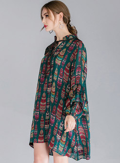 Green Fashion Tie-neck Bowknot All Over Print Dress