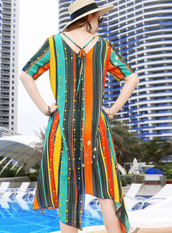 Bohemia V-neck Elastic Waist Silk Beach Dress