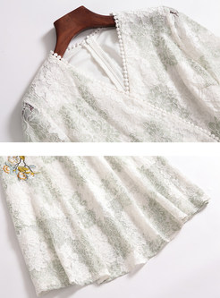 Retro V-neck Lace Embroidered Waist Skater Dress