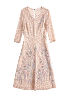 Sweet Perspective V-neck Embroidered Lace Slim Dress
