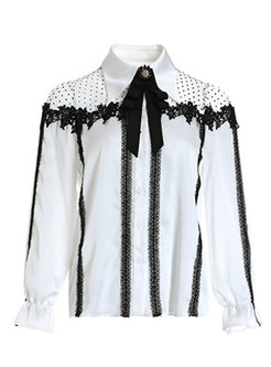 Chic Color-blocked Splicing Lapel See-through Bowknot Blouse