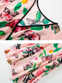 Stylish V-neck Silk Butterfly Print Waist Skater Dress