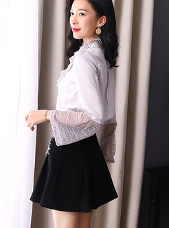Lace Splicing Stand Collar Flare Sleeve See-though Blouse