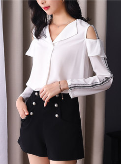 Sexy Splicing Off Shoulder Turn Down Collar Blouse