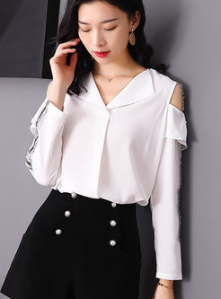 Sexy Splicing Off Shoulder Turn Down Collar Blouse