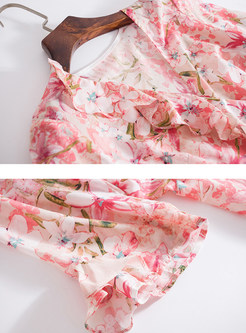 V-neck Falbala Half Sleeve Waist Print Silk Dress