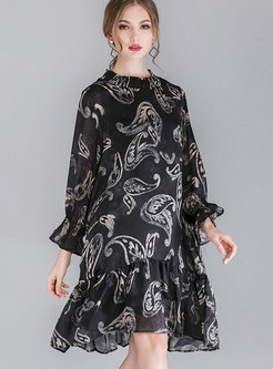 Stylish Crew-neck Print Pleated Loose Dress