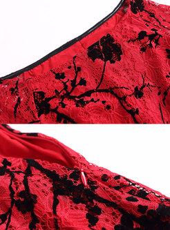Sexy Red Flare Sleeve Lace Stitching Sheath Dress