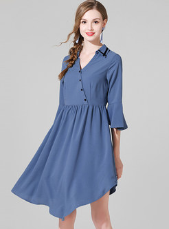 Trendy V-neck Falbala Sleeve Waist Asymmetric Dress
