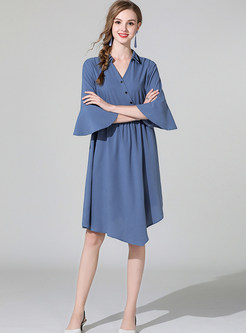 Trendy V-neck Falbala Sleeve Waist Asymmetric Dress