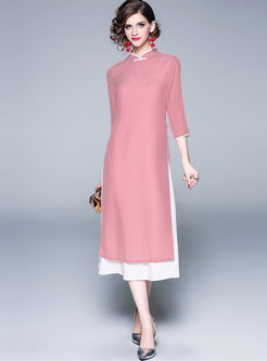 Retro Mandarin Collar Slit Plaid Improved Cheongsam Dress