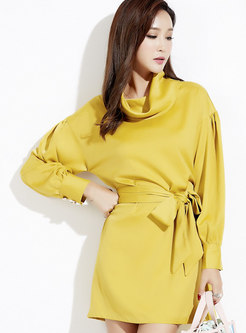 Pure Color Stand Collar Belted Mini Dress
