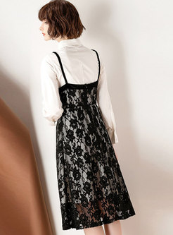 White Lapel Long Blouse & Black Lace Slim Dress