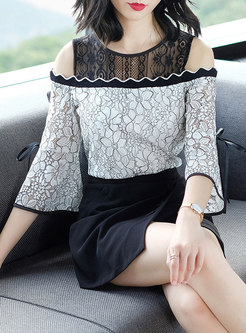 Chic Color-blocked Off Shoulder Flare Sleeve Lace Blouse