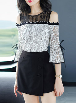 Chic Color-blocked Off Shoulder Flare Sleeve Lace Blouse