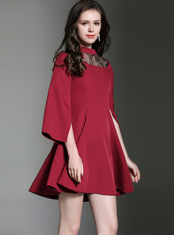 Elegant Red Standing Collar Mesh Splicing Skater Dress