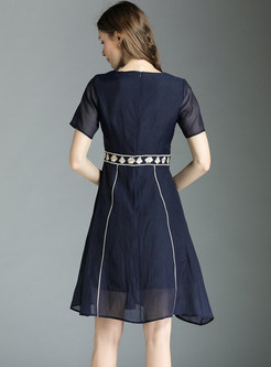 O-neck Short Sleeve High Waist Embroidered Skater Dress