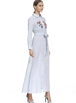 Trendy Lapel Long Sleeve Bowknot Tie-Waist Maxi Dress