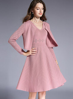 Pink V-neck Sleeveless High Waist Knitted Dress & O-neck Short Cardigan