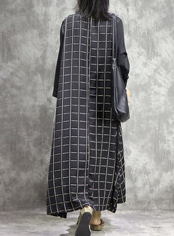 Vintage Plaid Splicing O-neck Slit Maxi Dress