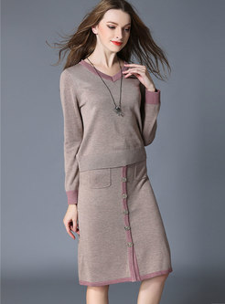 Elegant Color-blocked V-neck Pullover Sweater & High Waist Single-breasted Skirt
