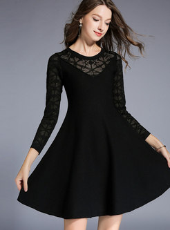 Stylish Hollow Out O-neck Knitted Skater Dress