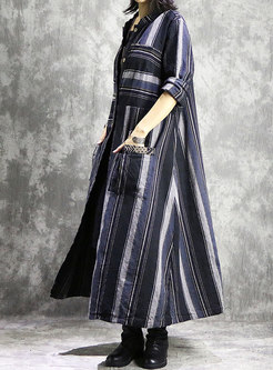 Chic Striped Splicing Lapel Single-breasted Long Coat