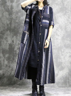 Chic Striped Splicing Lapel Single-breasted Long Coat