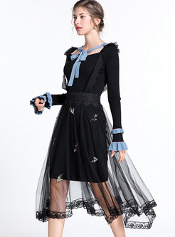 Color-blocked Flare Sleeve Tie-collar Knitted Dress & Lace Suspender Skirt