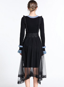 Color-blocked Flare Sleeve Tie-collar Knitted Dress & Lace Suspender Skirt
