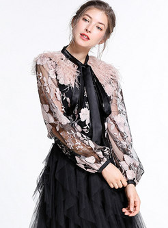 Elegant Further Splicing Embroidered Tie-collar See-through Blouse