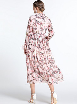 Floral Print Ruffled Collar High Waist Pleated Maxi Dress