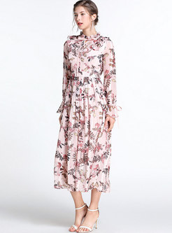 Floral Print Ruffled Collar High Waist Pleated Maxi Dress