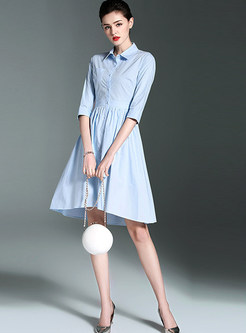 Solid Color Lapel Half Sleeve Single-breasted Dress