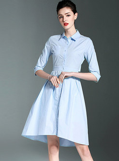 Solid Color Lapel Half Sleeve Single-breasted Dress