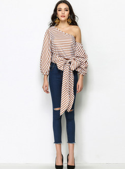 Sexy Off Shoulder Bowknot Tied Striped Blouse