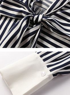 Stylish Tie-neck Bowknot Striped Cardigan Blouse