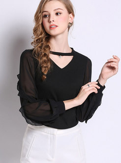 Black Casual Lantern Sleeve Knitted Bottoming Top