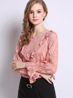 Sweet Pink Lace-paneled Flare Sleeve Pullover Top