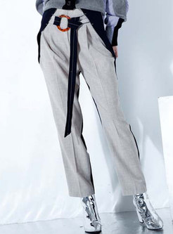 Stylish Color-blocked Belted Linen Slim Pants