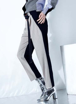 Stylish Color-blocked Belted Linen Slim Pants