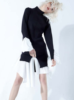 Chic Hit Color High Neck Knitted Irregular Dress