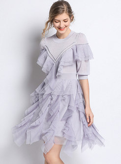 Polka Dot Mesh Splicing Beaded Falbala Knitted Dress
